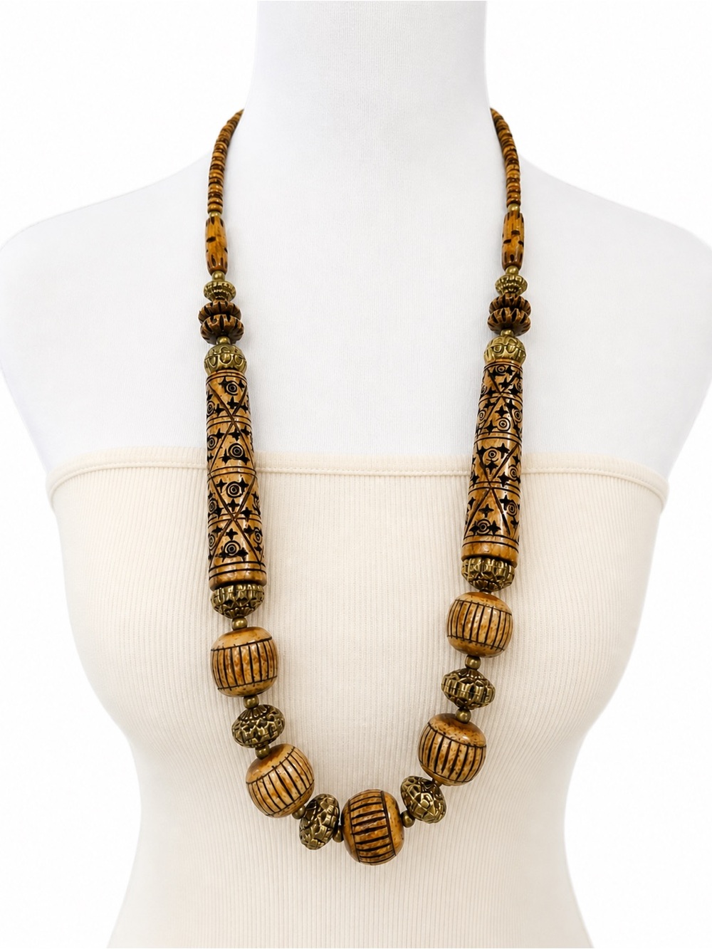 Vintage Boho Statement Necklace Carved Beads Brass Accents Tribal Heavyweight
